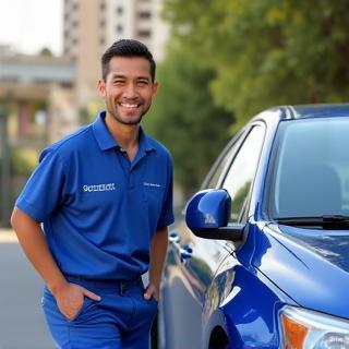 Technicien Lavage Éclatant souriant à côté d’une voiture propre